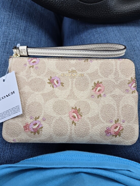 Coach Handbags - COACH Beige Signature Floral Wristlet with Pink Roses NWT